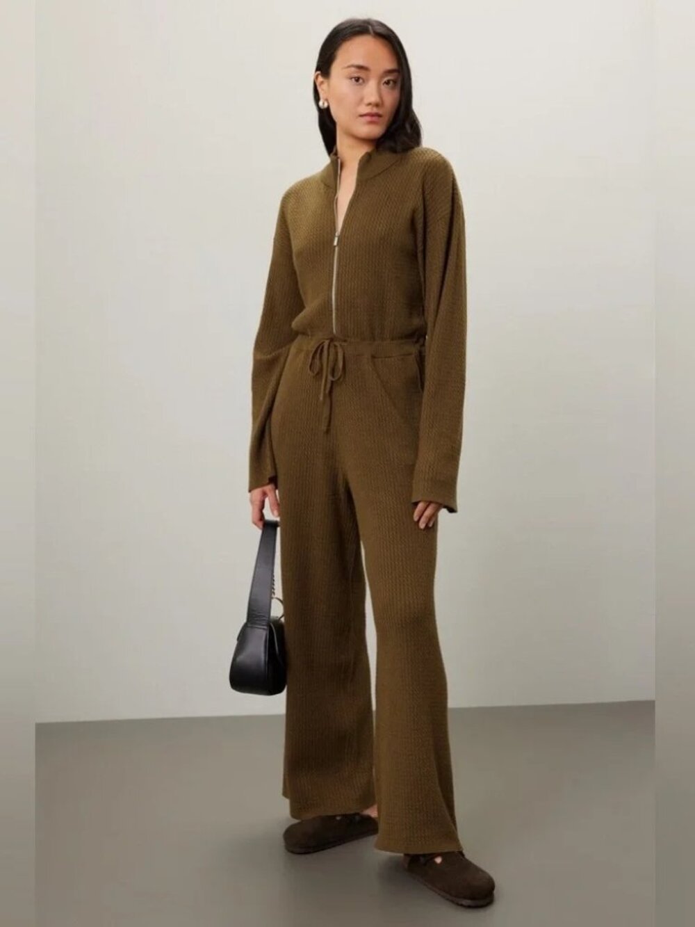 WeWoreWhat Relaxed Leisure Suit Knit Jumpsuit Brown Zip Front Size L